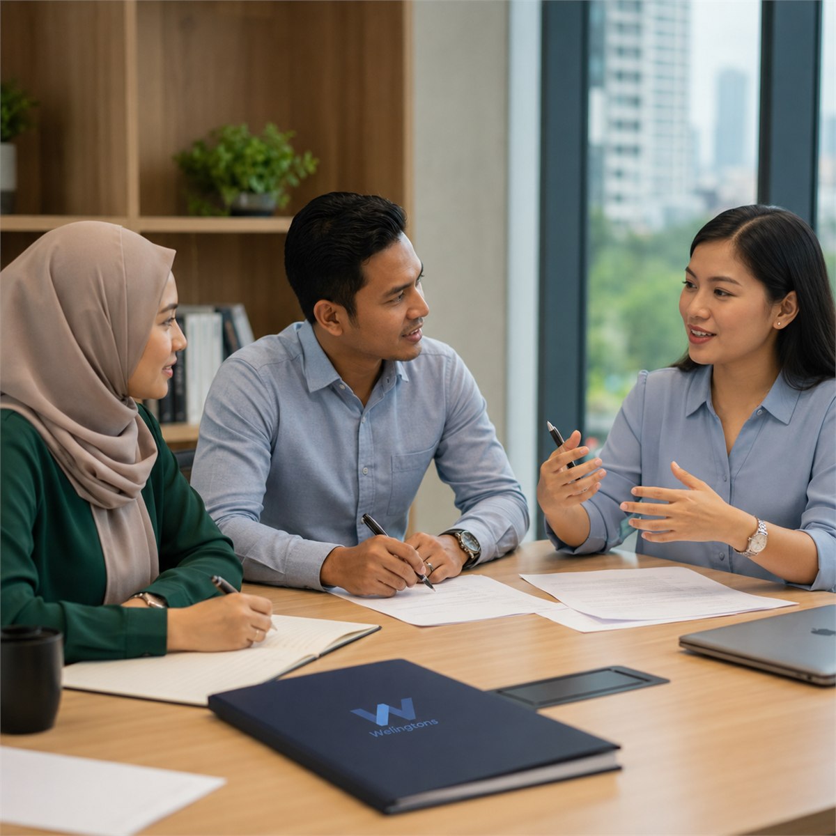 Professionals practising clear workplace English in a Welingtons workshop