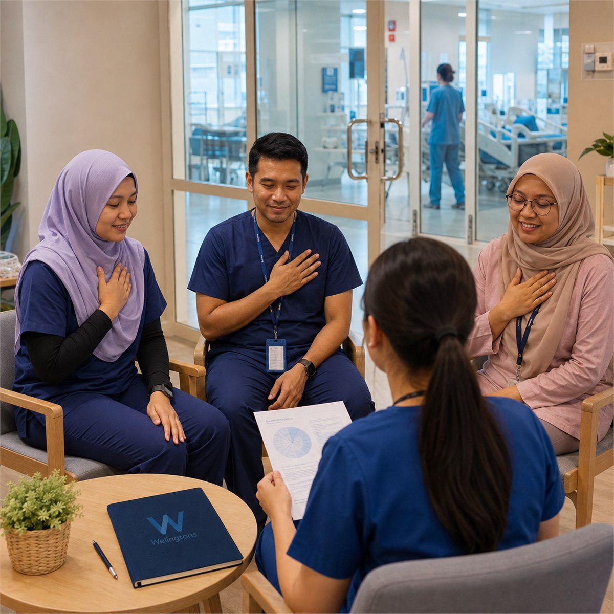 Healthcare personnel practising self-care and resilience in a Welingtons workshop